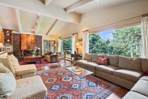 テレビ、暖炉、DVD プレーヤー、書庫