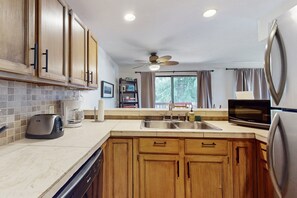 Fridge, microwave, oven, stovetop - Riverfront condo with mountain views - close to conveniences & the slopes (Avon)