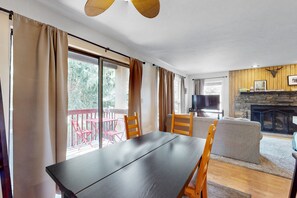TV, fireplace, DVD player, video library - Riverfront condo with mountain views - close to conveniences & the slopes (Avon)