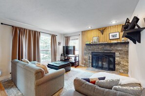 Tv, eldstad, dvd-spelare och ett filmbibliotek