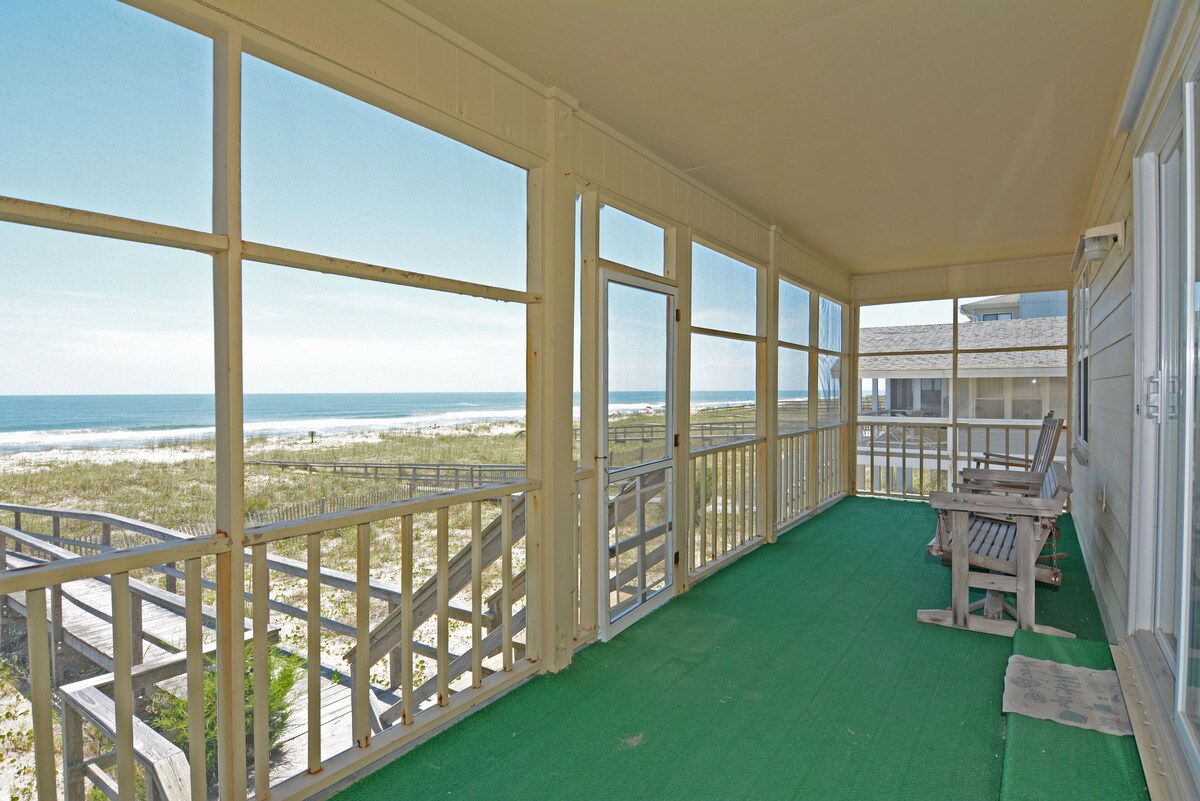 Ebbtide Kure Beach oceanfront home with screened porch, private beach