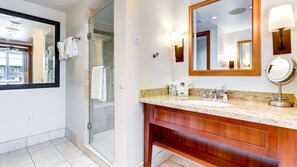 Combined shower/tub, hair dryer, towels, soap