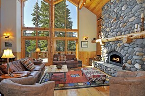 TV, fireplace, books, stereo