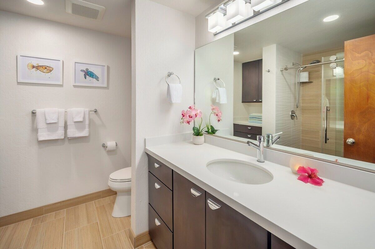 Un baño moderno con un lavabo blanco, muebles oscuros, un espejo grande y dos cuadros en la pared.