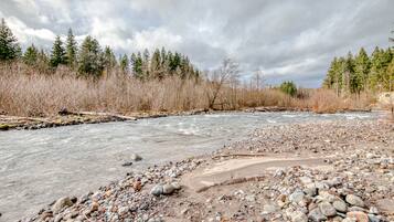 Explore a serene river surrounded by diverse trees and varied terrain.