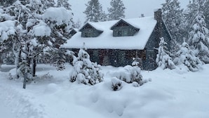 Uma cabana com telhado coberto de neve e árvores ao redor, imersa em uma paisagem nevada.