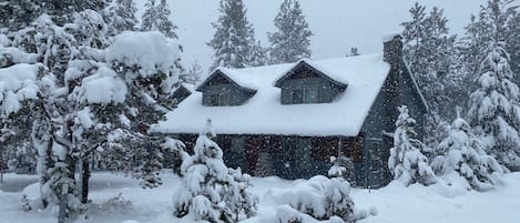 Una cabaña con techo cubierto de nieve y árboles circundantes, en un paisaje invernal nevado.