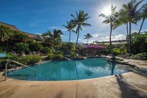 A pool area with clear blue water, surrounded by palm trees and lounge chairs.