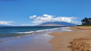 Una spiaggia con vista libera sull'oceano e montagne lontane.