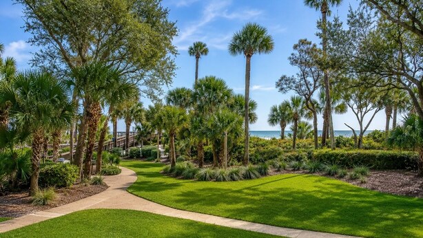 A landscaped garden with a pathway, palm trees, and a view of the ocean.