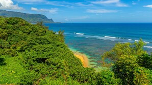 A tropical beach with clear turquoise waters, lush greenery, and a mountainous backdrop. - PUU POA #110 GORGEOUS OCEAN VIEWS AIR CONDITIONED Condo! (Princeville)