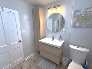 Combined shower/bathtub, hair dryer, towels
