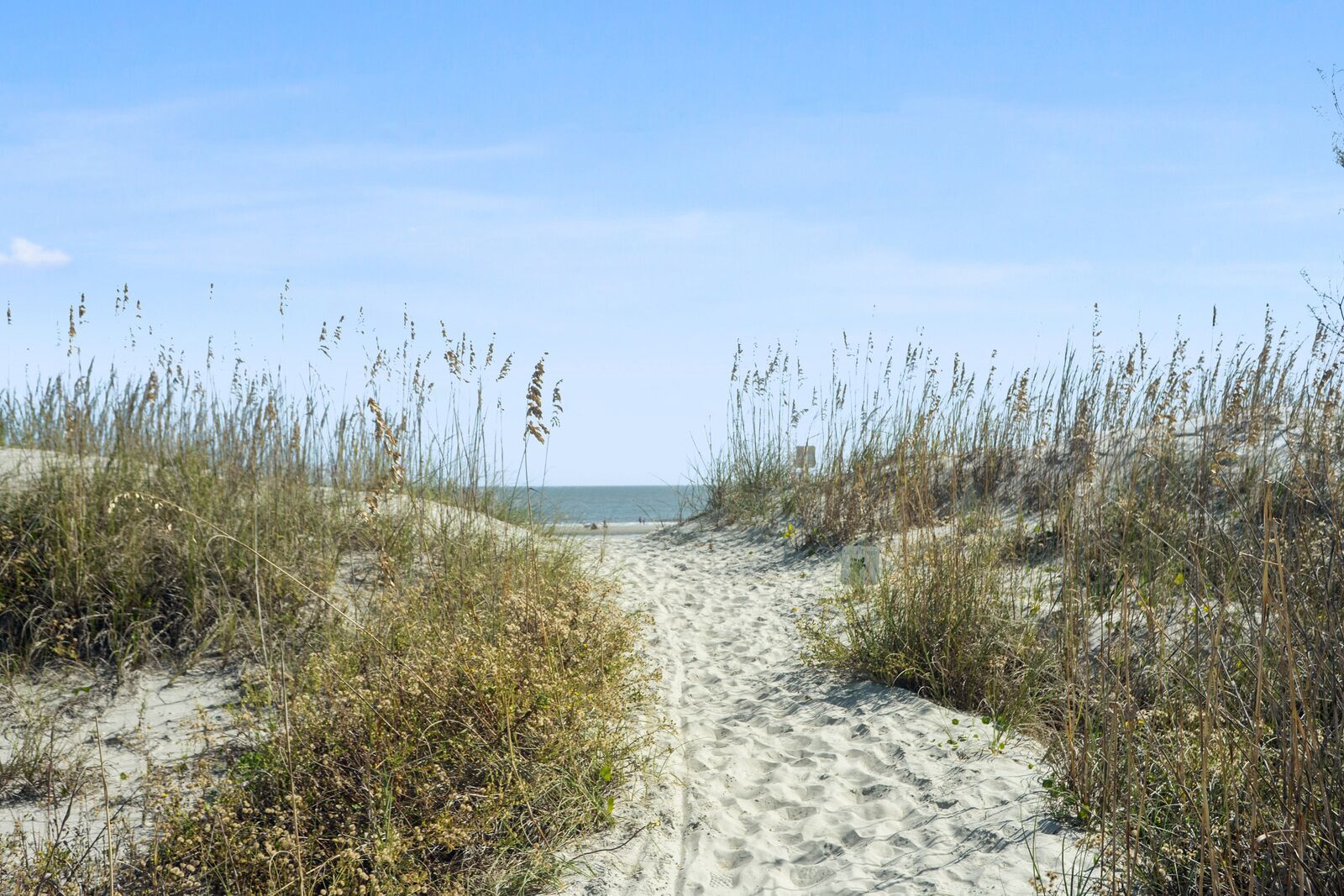 Ein sandiger Pfad führt zum Strand, umgeben von hohem Gras.
