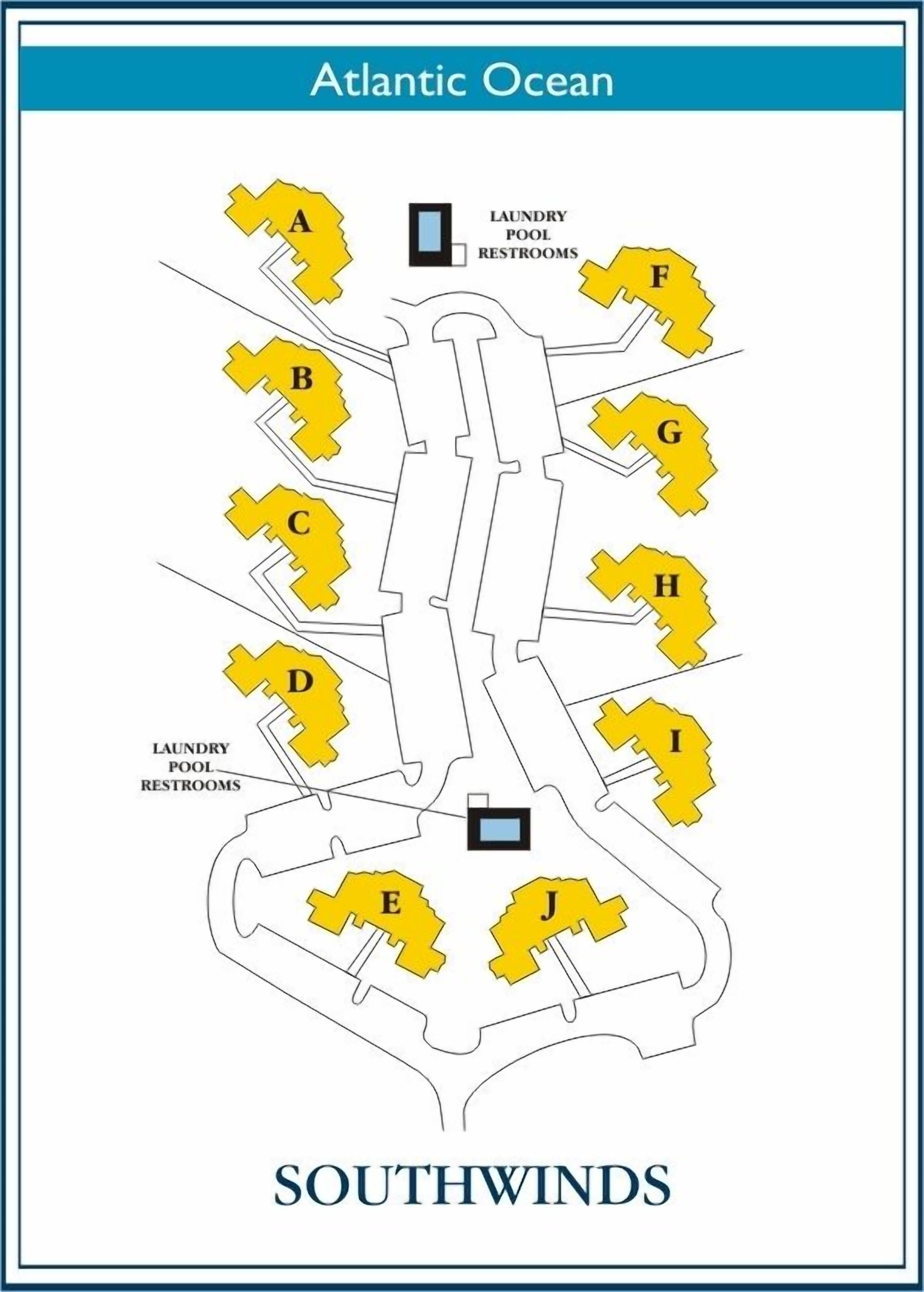 A hotel layout with labeled rooms A through J and laundry pool restrooms.