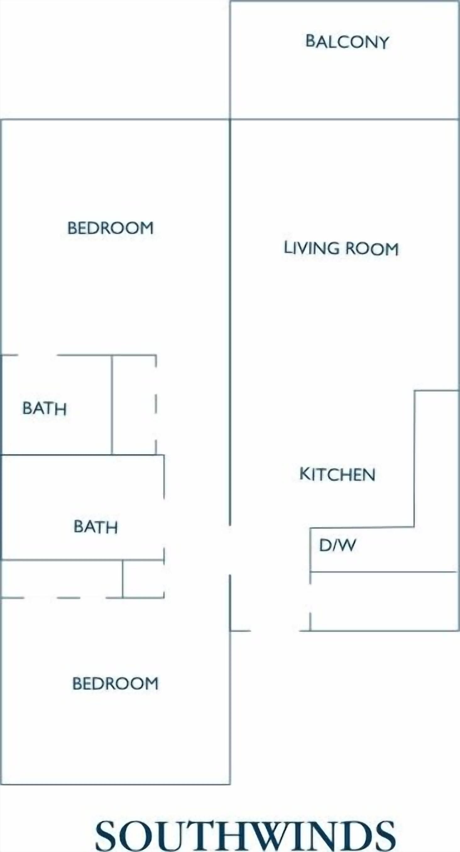 A floor plan of a Southwinds property with a bedroom, two bathrooms, a living room, a kitchen, and a balcony.
