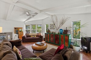 Flat-screen TV, fireplace, video games, DVD player