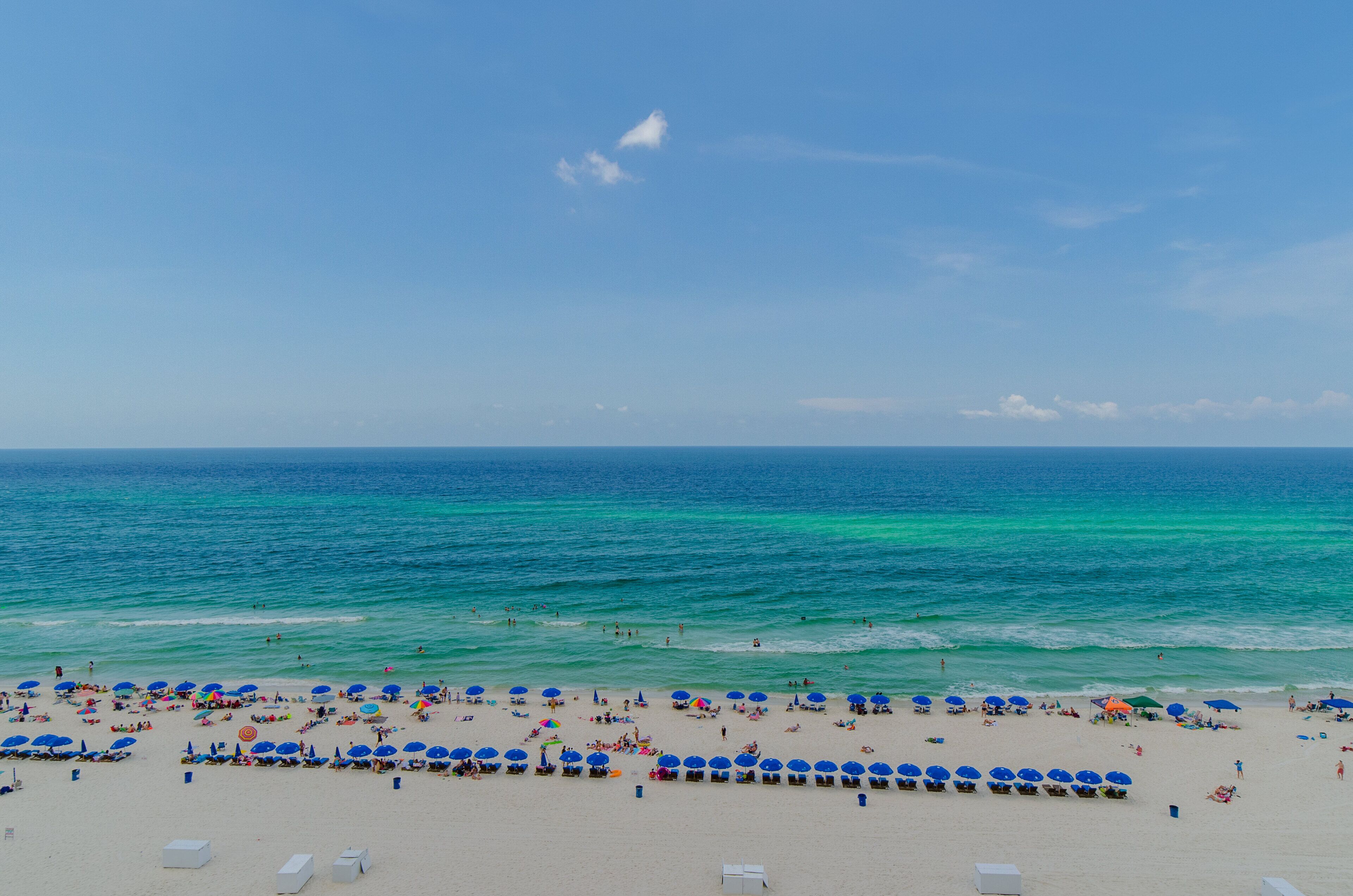 A beach with rows of blue umbrellas and white lounge chairs.