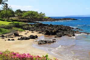 On the beach, sun-loungers, beach towels