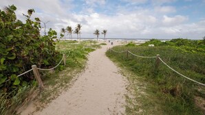 A sandy pathway leading to a beach with palm trees and a view of the ocean. - Direct Beach Access - Poolside Coastal Condo: Sea Gem (Palm Beach Shores)