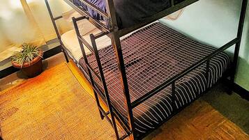 A bunk bed with a mosquito net, a potted plant, and a woven mat on the floor.