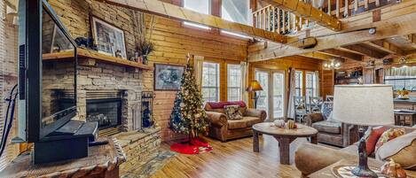 Una televisión, una chimenea, videojuegos, un reproductor de DVD