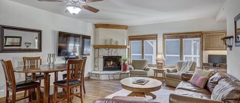 Flat-screen TV, fireplace