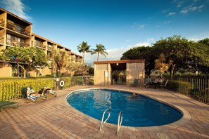 A swimming pool with lounge chairs and a covered area, surrounded by a fence and palm trees. - Maui Vista #2-423 Close to Kamaole Beach and Pickleball Courts! Pool, Wifi (Kihei)