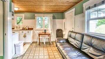 Télévision, cheminée, lecteur de DVD, livres