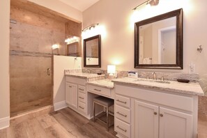 Shower, jetted tub, hair dryer, towels
