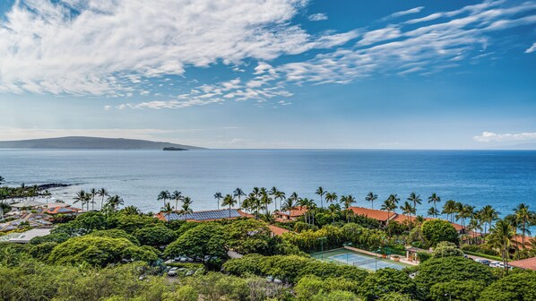 Un resort costero con cancha de tenis, palmeras y vista al océano.