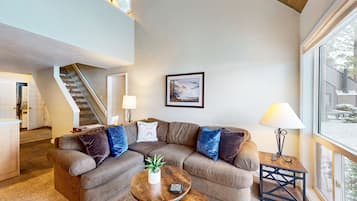 Flatscreentelevisie, een open haard, een dvd-speler en een stereo