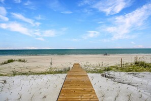Walk along the beach on a scenic boardwalk surrounded by lush greenery.