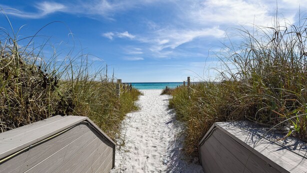 A sandy beach path leading to the ocean, flanked by wooden boardwalks and tall grasses.