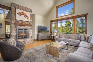 TV connectée, cheminée, lecteur de DVD, table de tennis de table