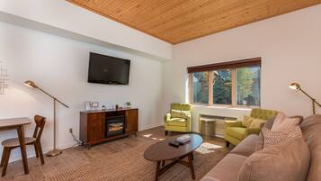 Flat-screen TV, fireplace, DVD player, video library