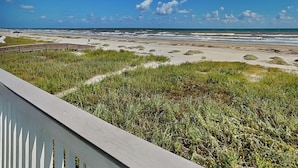 Een strand met een houten looppad en begroeide duinen.