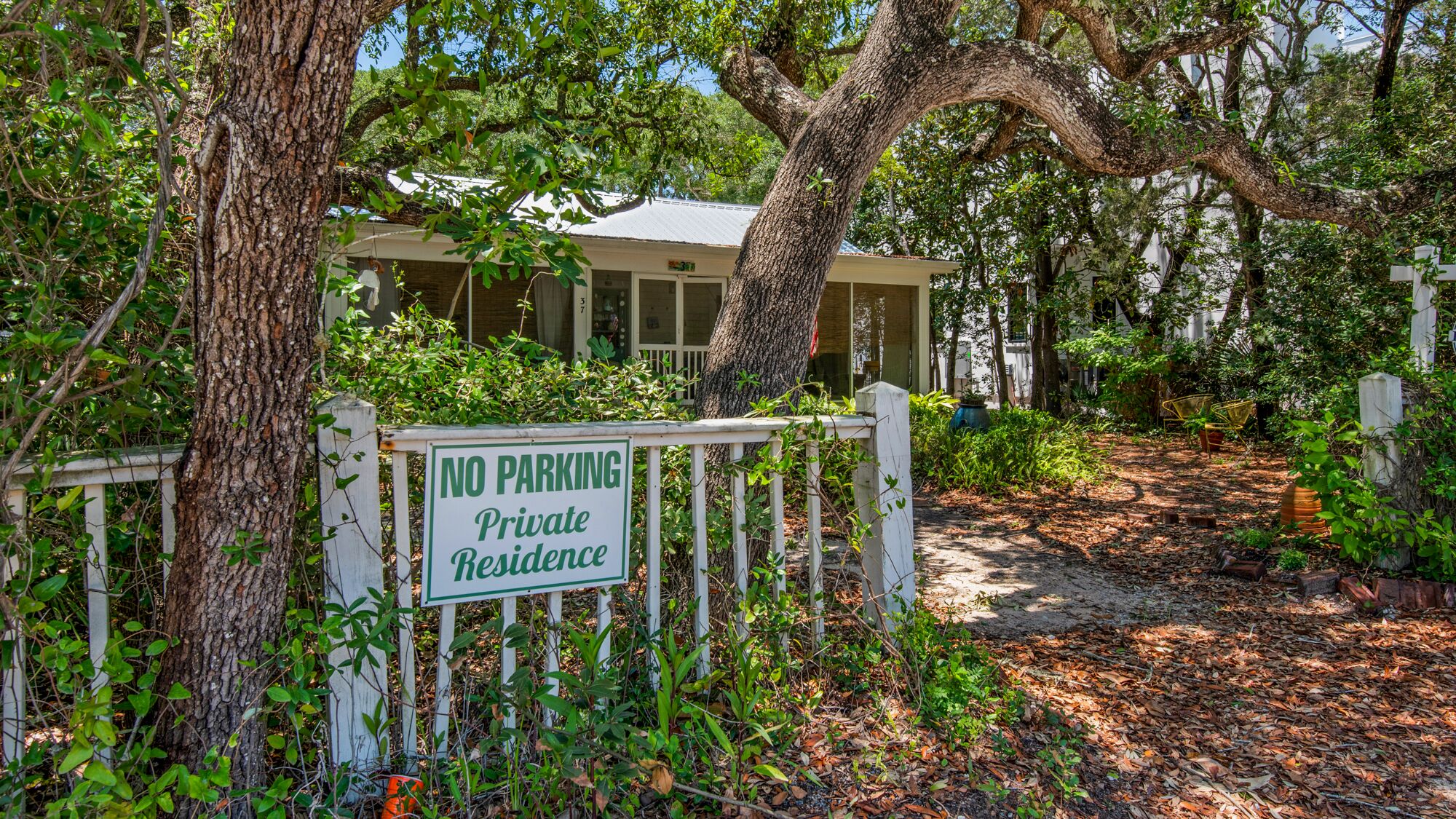 A private residence with a 'No Parking' sign, surrounded by lush greenery and trees.