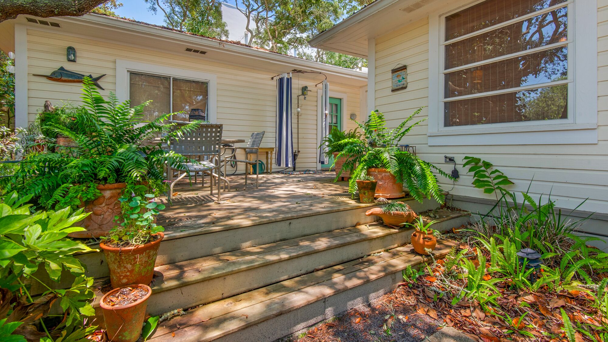 A house with a porch, steps, and potted plants.