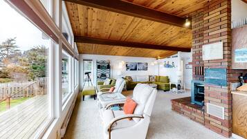 TV, fireplace, DVD player, books