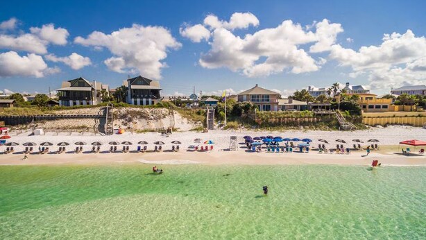 Una località balneare con acque turchesi cristalline, ombrelloni e ville affacciate sulla spiaggia.