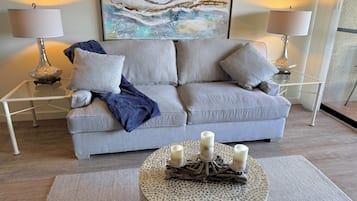Smart TV, fireplace, DVD player, music library
