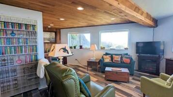 TV connectée, cheminée, lecteur de DVD, livres