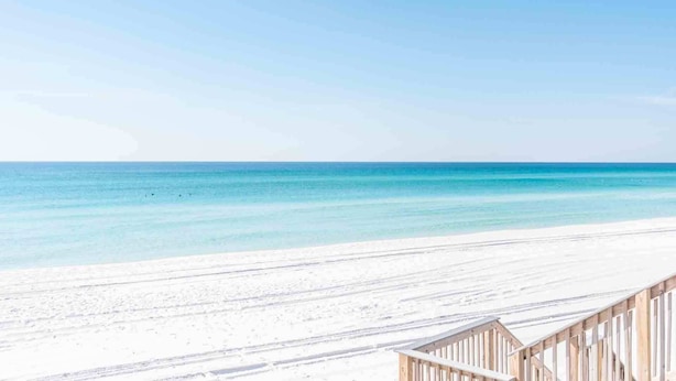 A beach with a wooden boardwalk leading to the water. - One Lot From Beach, Gulf View, Private Beach Boardwalk, Dune Allen Beach (Santa Rosa Beach)