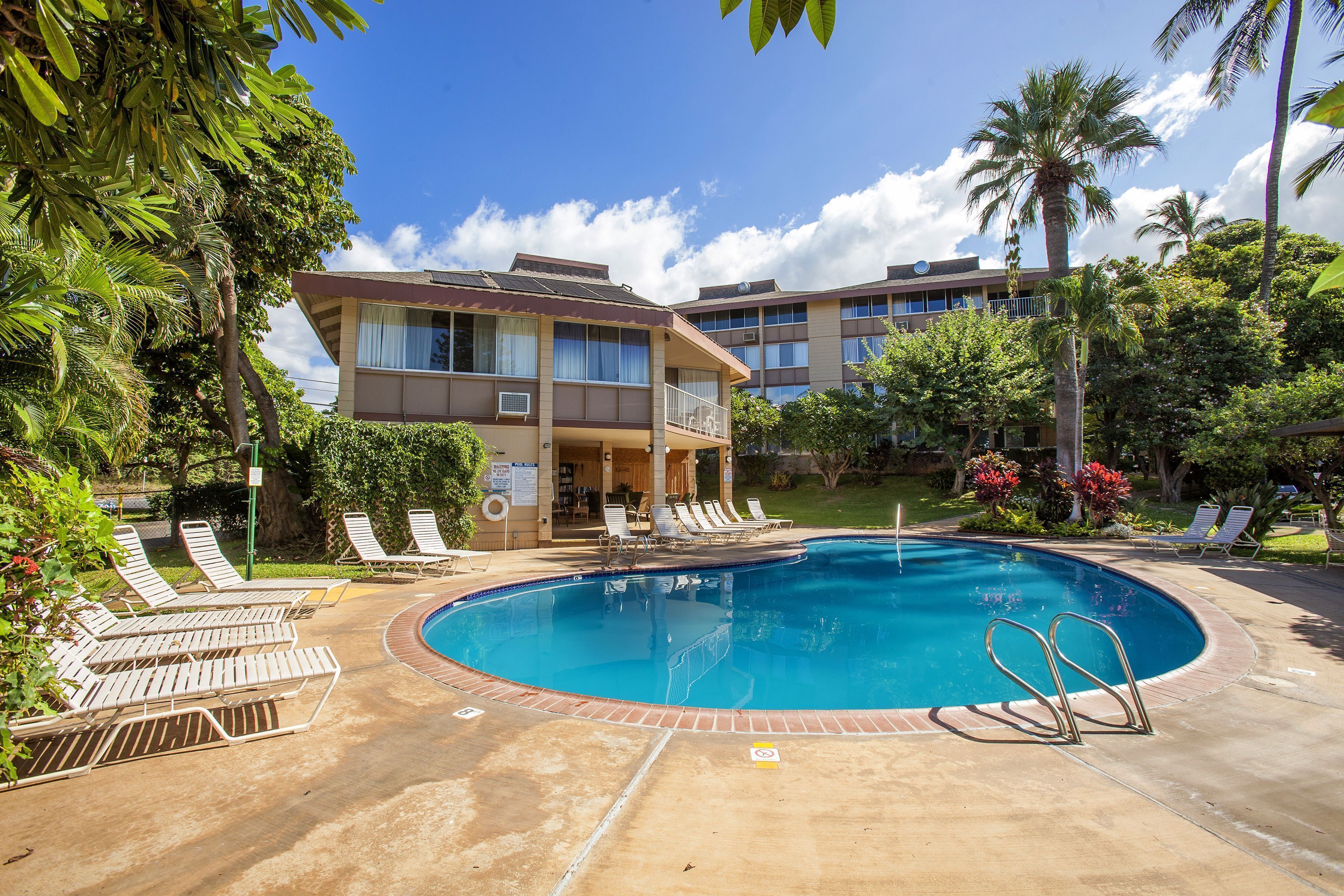 A swimming pool with lounge chairs, a building with balconies, and palm trees.