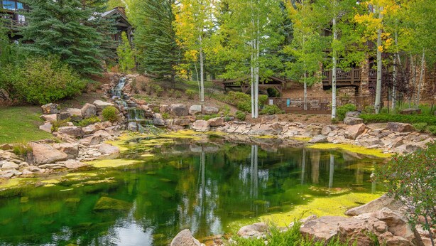 A serene pond with a small waterfall, surrounded by rocks and lush greenery. - Roomy, Luxurious Ski-In/Ski-Out w/ Views, Hot Tub! Bachelor Gulch, Beaver Creek (Edwards)