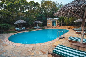 Kolam renang outdoor, dengan payung kolam renang dan kursi berjemur