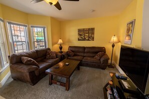 TV, DVD player, video library, stereo