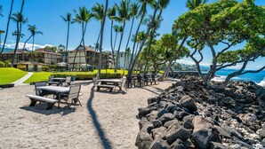 A beachside resort with outdoor seating, palm trees, and a view of the ocean.