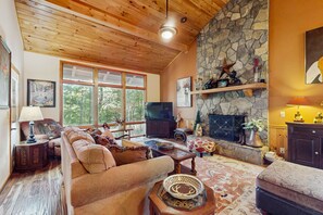 TV, fireplace, DVD player, books