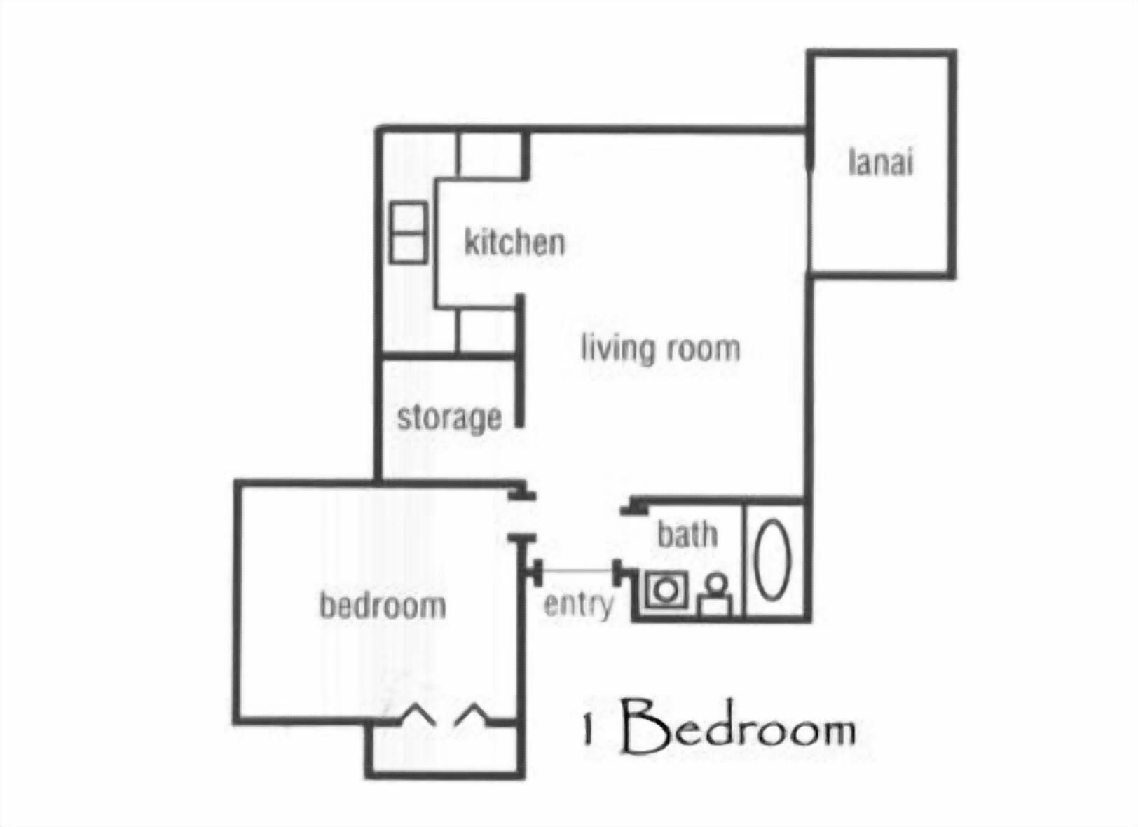 A 1-bedroom layout with a kitchen, storage, living room, lanai, and bathroom.